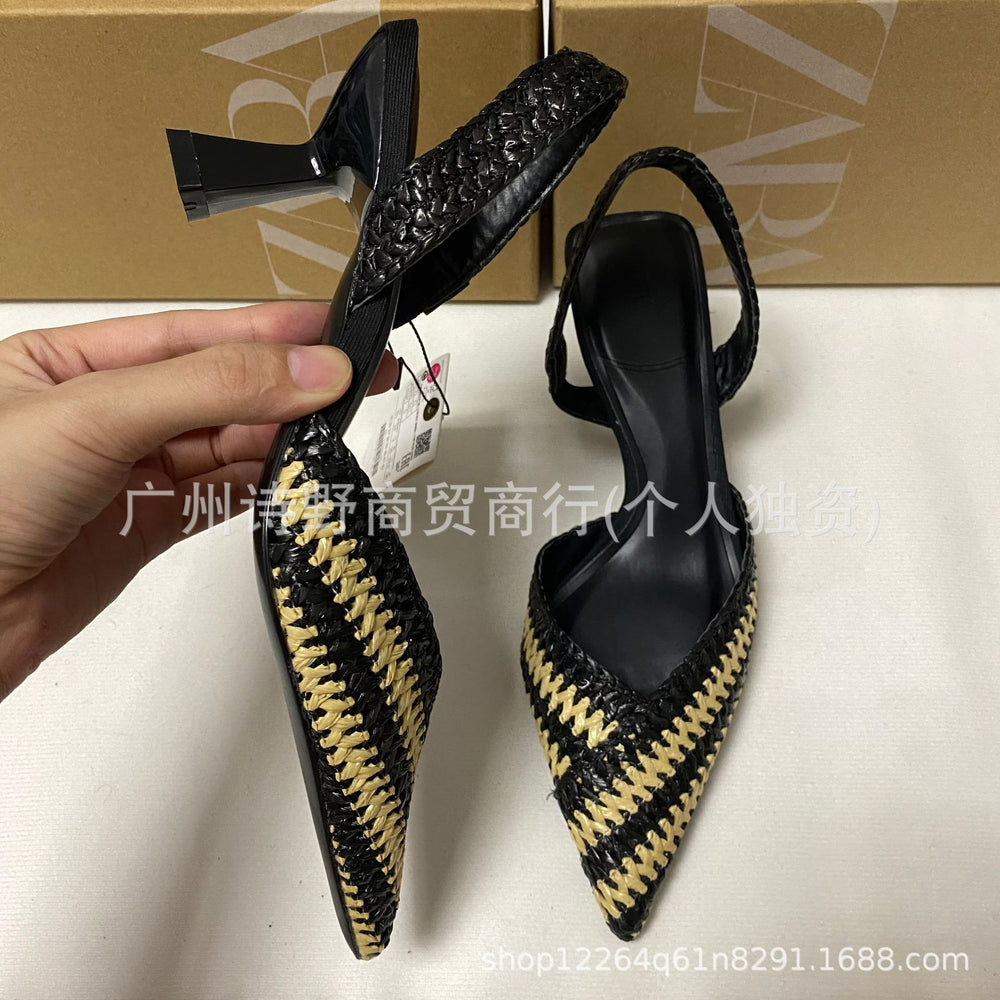 Za2023autumnew arrival high heels fashion pointed toe color matching patchwork woven material high heel sandals women's shoes stylish