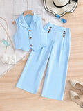 kidssuit sky blue lapel sleeveless open lining suit pants girl summercasualtwo-piece set