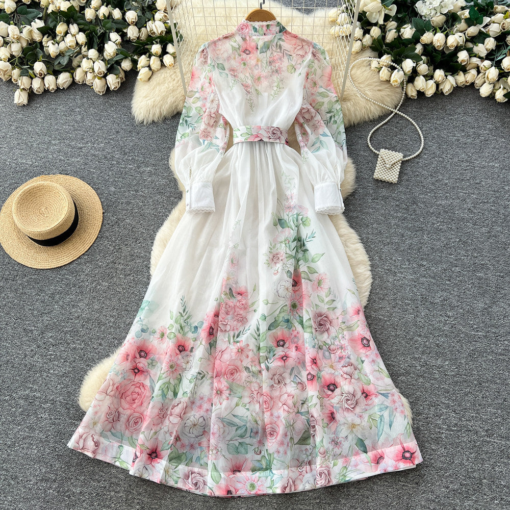 Vacation-style floral print slim-fit dress for women, perfect for spring. long-sleeved, high-waisted, and a-line silhouette. ideal for both work and everyday elegance