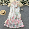 Vacation-style floral print slim-fit dress for women, perfect for spring. long-sleeved, high-waisted, and a-line silhouette. ideal for both work and everyday elegance