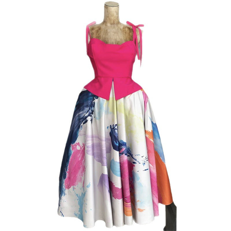 European and american cross-border women's fashion:  spring new arrival - elegant bowknot camisole top and printed flared midi skirt set