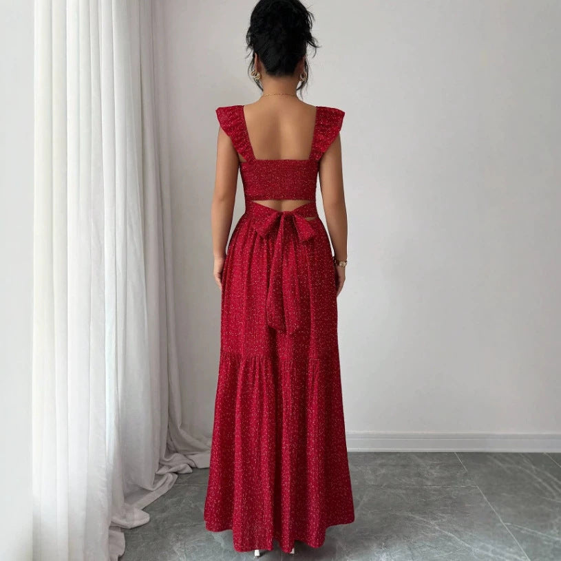 hot selling red polka dot backless dress women's summer new arrival waist slimming beach vacation style long dress