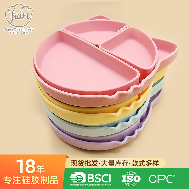 Food grade silicone children's dinner plate, infant complementary food grid dinner plate, cartoon cat easy to clean children's tableware