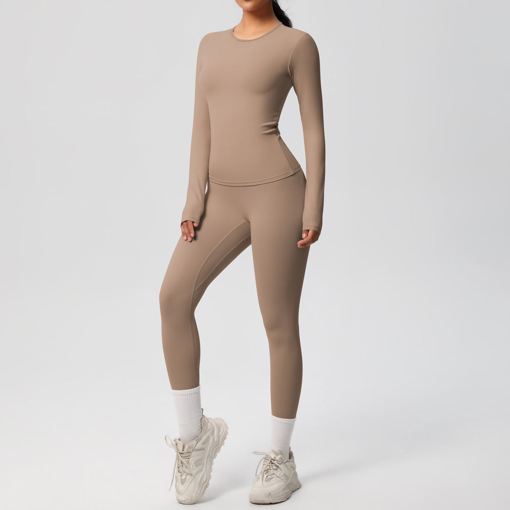 Ready-to-ship cross-border double-sided brushed solid color compression training long sleeve yoga set - activewear running fitness two-piece outfit
