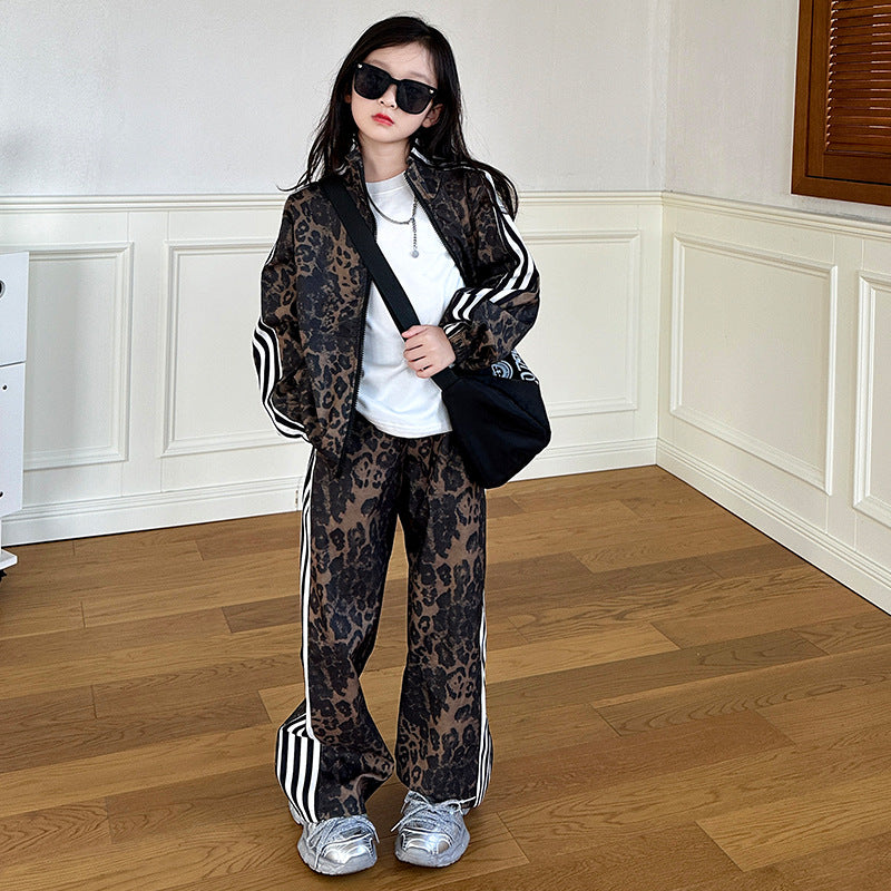 Girls'  new outfit set: trendy brand spring/autumn casual jacket and versatile printed sweatpants set for students