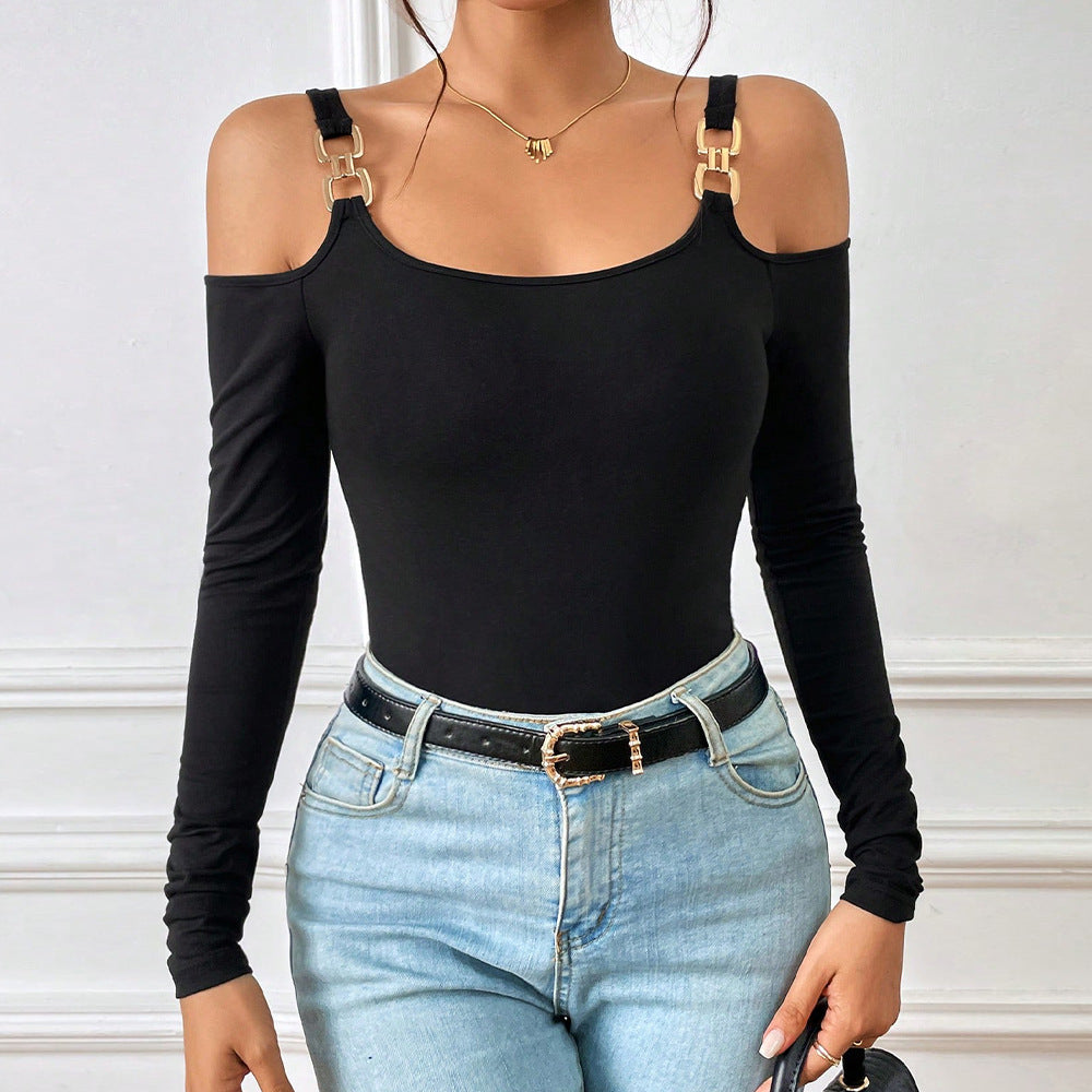 european and american women's clothing  fall/winter metallic hook long sleeve tank top ribbed knit slim fit solid color elegant top