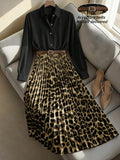 Ready-to-ship  new arrival: women's elegant leopard print patchwork pleated skirt h-line waist slimming dress - dropshipping available