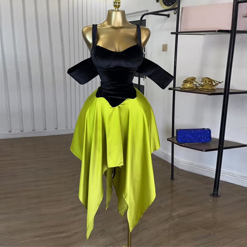 European and american cross-border african women's fashion  autumn new arrival: elegant patchwork asymmetrical dress with spaghetti straps