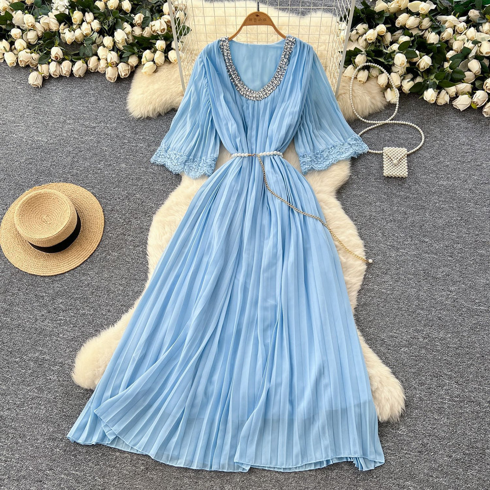 French-style embellished v-neck lace patchwork midi dress with ruched detail and tie-waist – women's loose-fit maxi dress