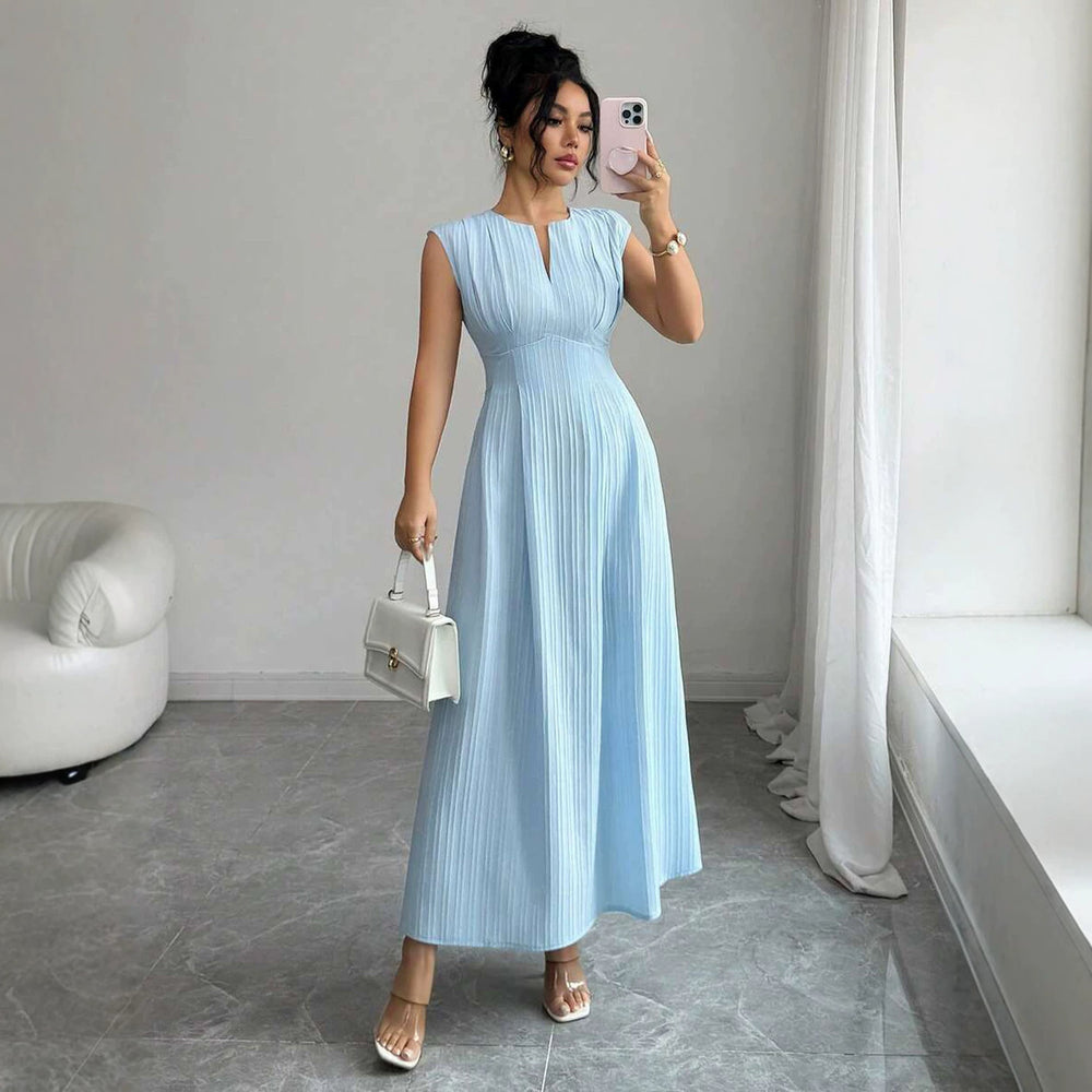 european and american cross-border summer new arrival: light blue pleated sleeveless a-line maxi dress - commute chic & elegant