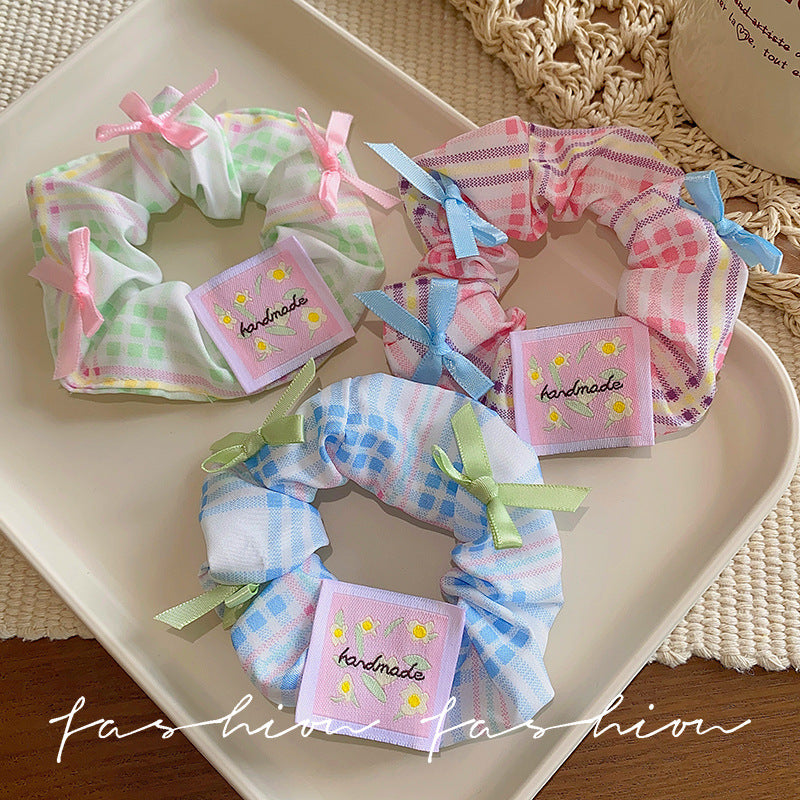 Blue sweet floral bow scrunchie hair tie - wholesale hair bands for ponytails, buns, and updos
