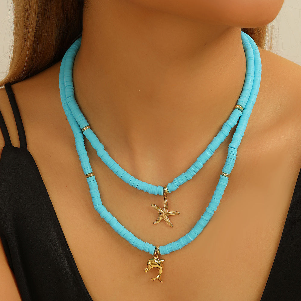 Colorful string necklace wholesale cross-border marine style starfish shell dolphin necklace niche design sense stacked necklace