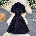 Lightly mature french style work clothingsilmdress women's summer short-sleeved lapel metal buckle waist a-line skirt elegance