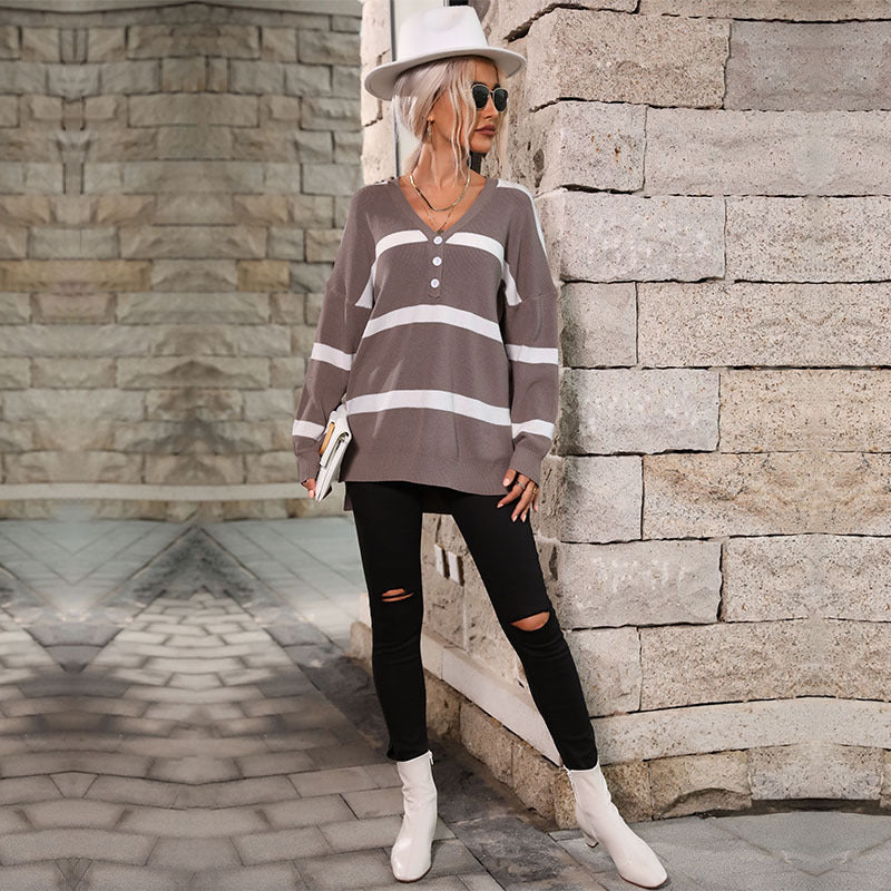 Independent Station Foreign Trade Wholesale 2023 Autumn New European and American Women's Cross-border Striped V-Neck Pullover Sweater