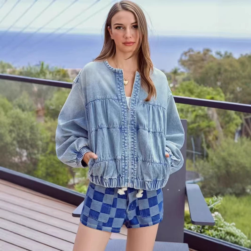 fashionnew arrival cross-border  round neck zipper denim outwear washed looseshort denim jacket for women