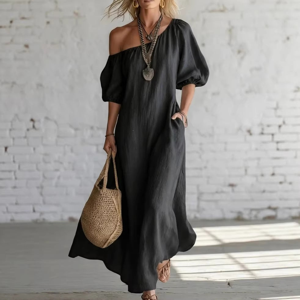 cross-border fashion summer women's solid color loose shoulder retrolong cotton and linen dress