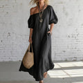 cross-border fashion summer women's solid color loose shoulder retrolong cotton and linen dress
