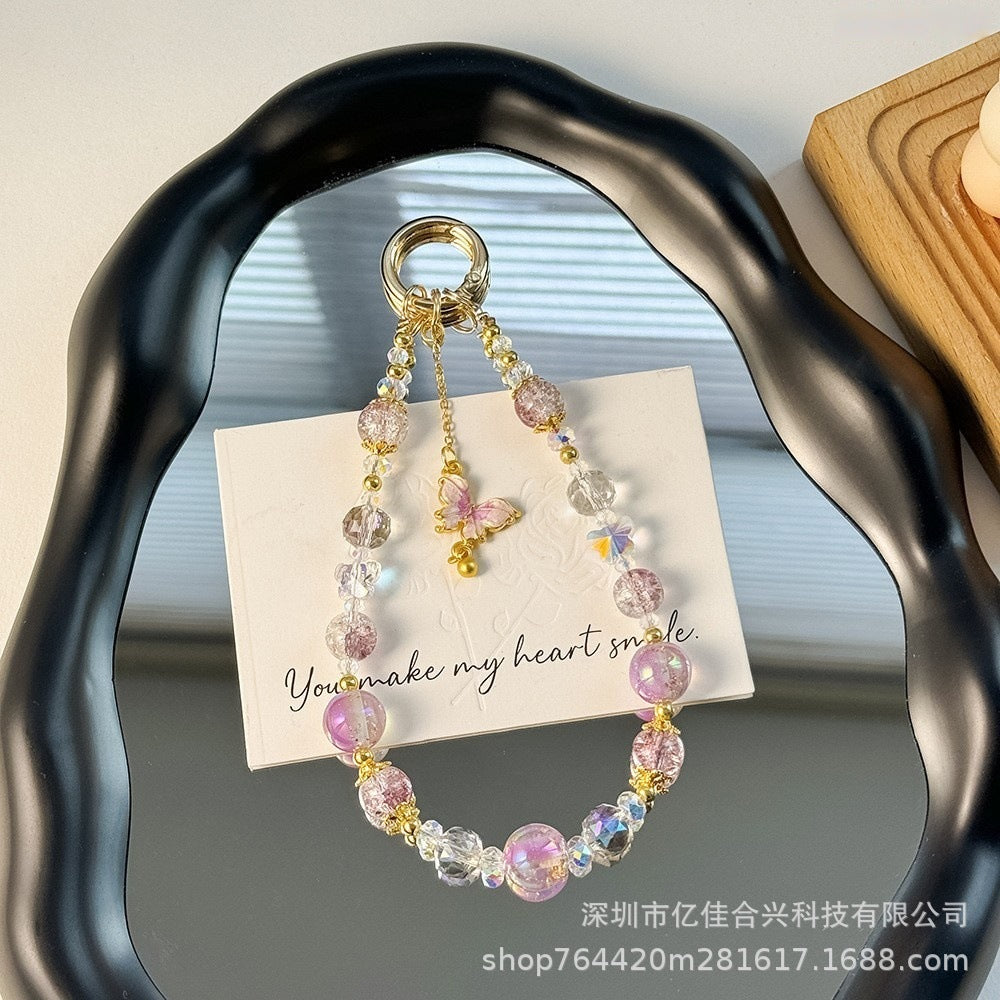 New chinoiserieclassy mobile phone chain crystal accessible luxury style gold foil butterfly pendant tassel short mobile phone case lanyard