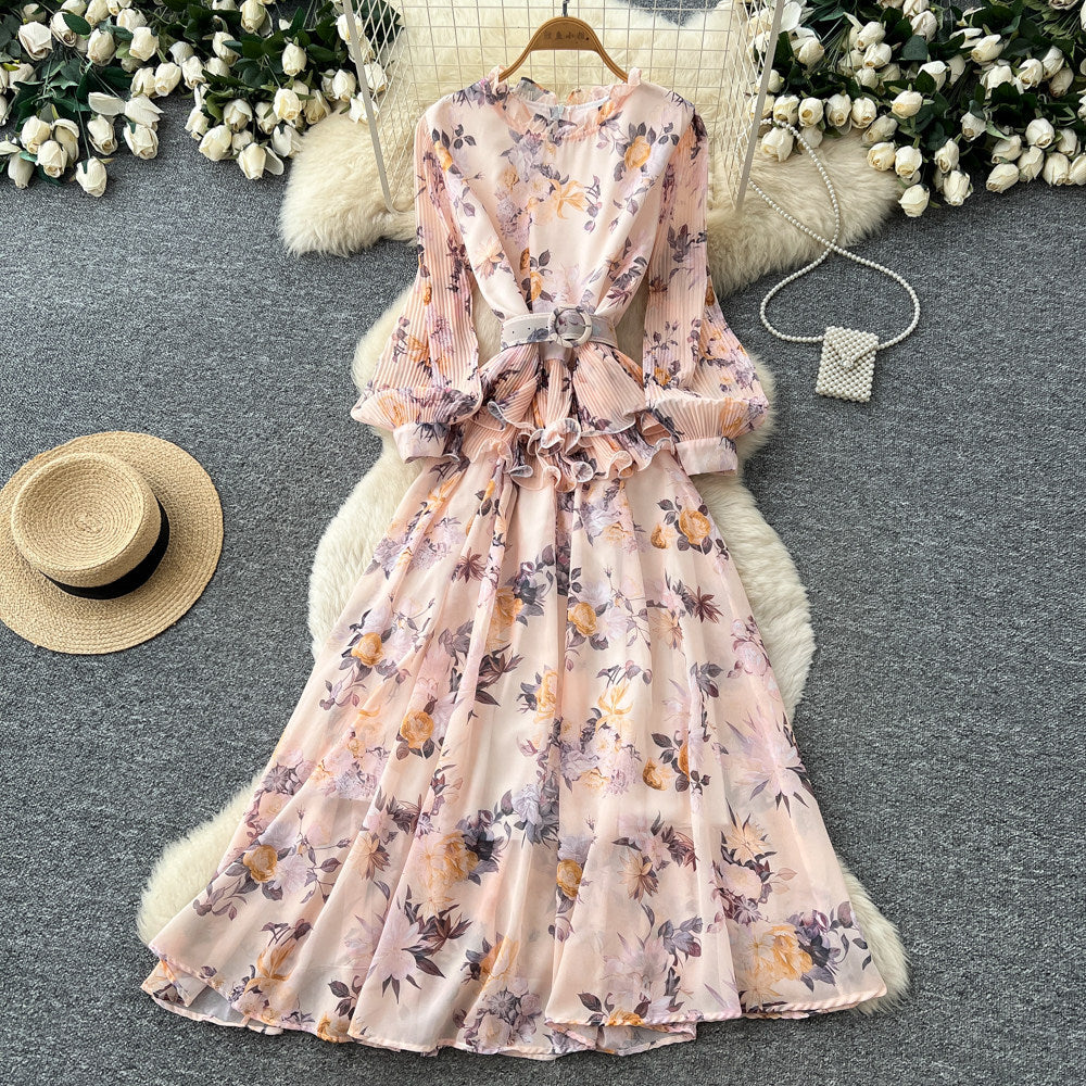 French chic floral slim-fit printed dress - women's summer tie-waist a-line maxi dress - vacation style, slimming design