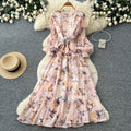 French chic floral slim-fit printed dress - women's summer tie-waist a-line maxi dress - vacation style, slimming design