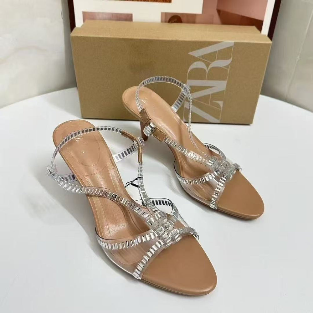 Silver open-toe rhinestone clear wine glass heel roman sandals - women's sexy fairy wind crystal high heels - niche design