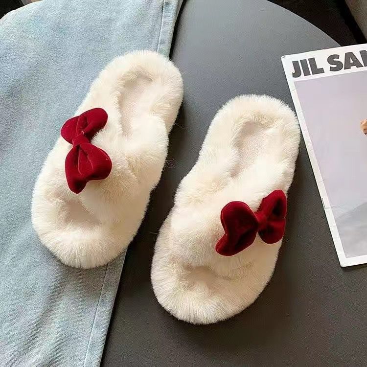 Fairy-style bowknot fuzzy slippers for women, premium autumn/winter 2024, perfect for student dorms and office use, cotton slippers