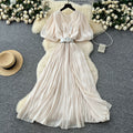 Luxury chic bubble sleeve dress - women's summer slit v-neck belted slimming exquisite maxi dress