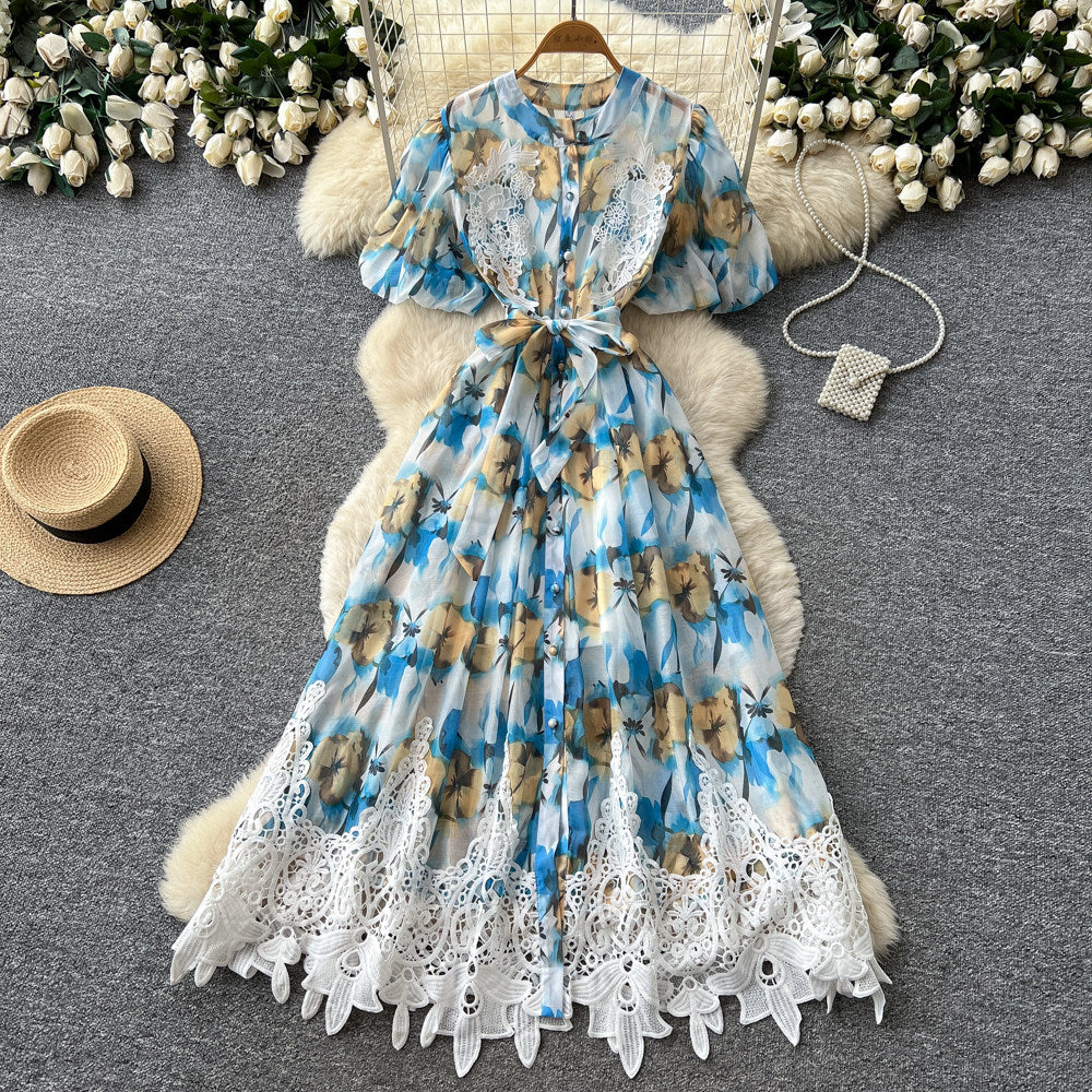 Korean style printed sweet & cute dress - women's summer short sleeve a-line dress with lace trim and tie detail - perfect for work or casual wear