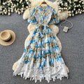 Korean style printed sweet & cute dress - women's summer short sleeve a-line dress with lace trim and tie detail - perfect for work or casual wear
