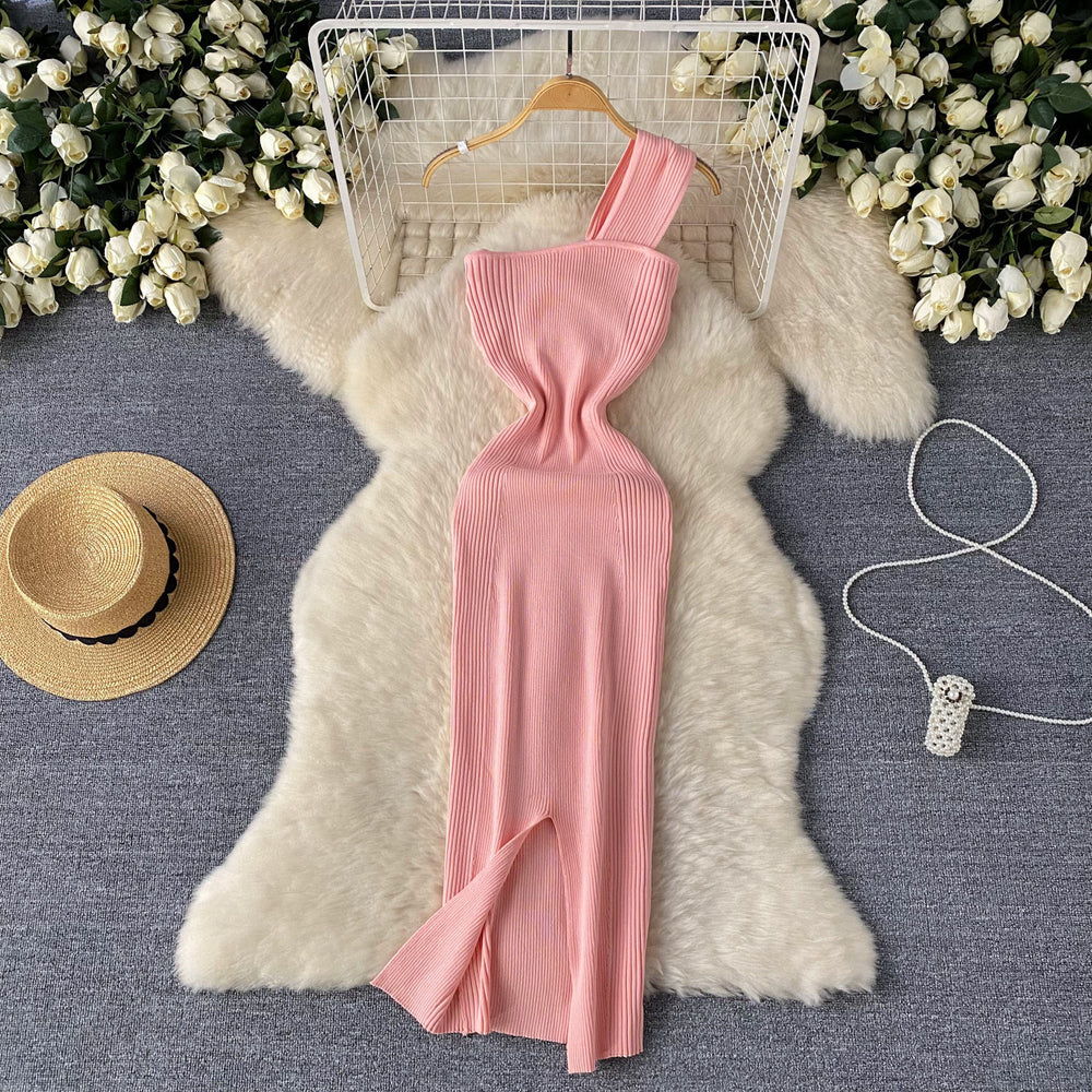 European and american high-end knitted asymmetrical neckline dress - women's summer irregular light luxury slit design - pure desire hot girl maxi dress