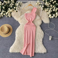 European and american high-end knitted asymmetrical neckline dress - women's summer irregular light luxury slit design - pure desire hot girl maxi dress