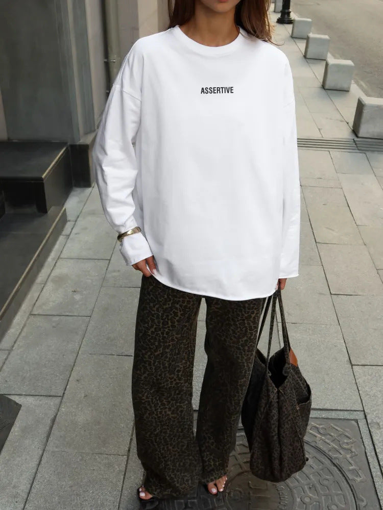 European and American  women's clothing spring and summer loose solid color Oversize round neck long-sleeved casual T-shirt fashion sweater