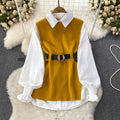 Autumn/winter korean chic socialite style lantern sleeve loose mid-length white shirt knitted vest two-piece set
