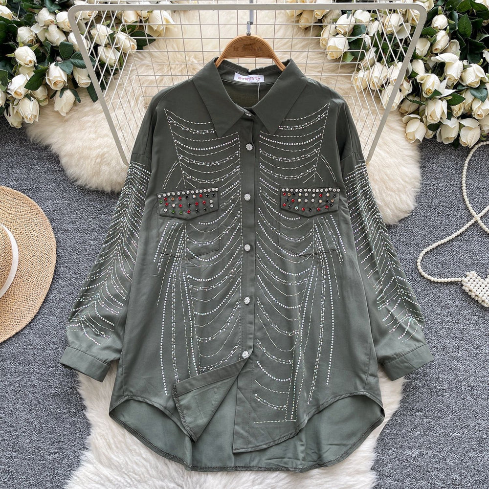 European fashion diamond-embellished long-sleeve shirt for women,  new arrival, relaxed fit, casual loose single-breasted top