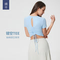 Women's yoga top - short sleeve, cutout back, drawstring, ruched, breathable, outdoor sports, fixed cup, fitness top d25061