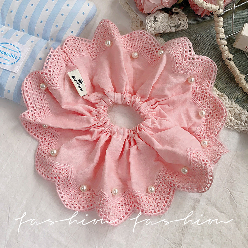 Korean dongdaemun sweet lace trim scrunchie, premium pearl hair tie, ponytail holder, durable hair accessories