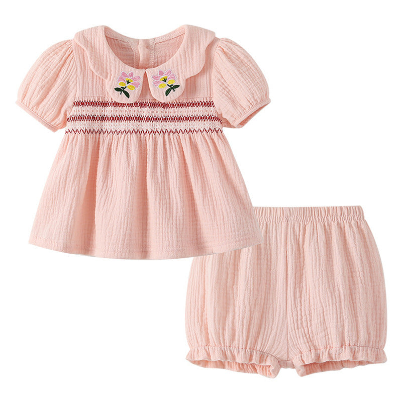 new summer collection: sweet pink outfit for baby girls - stylish embroidered peter pan collar top and shorts set for girls' summer wear