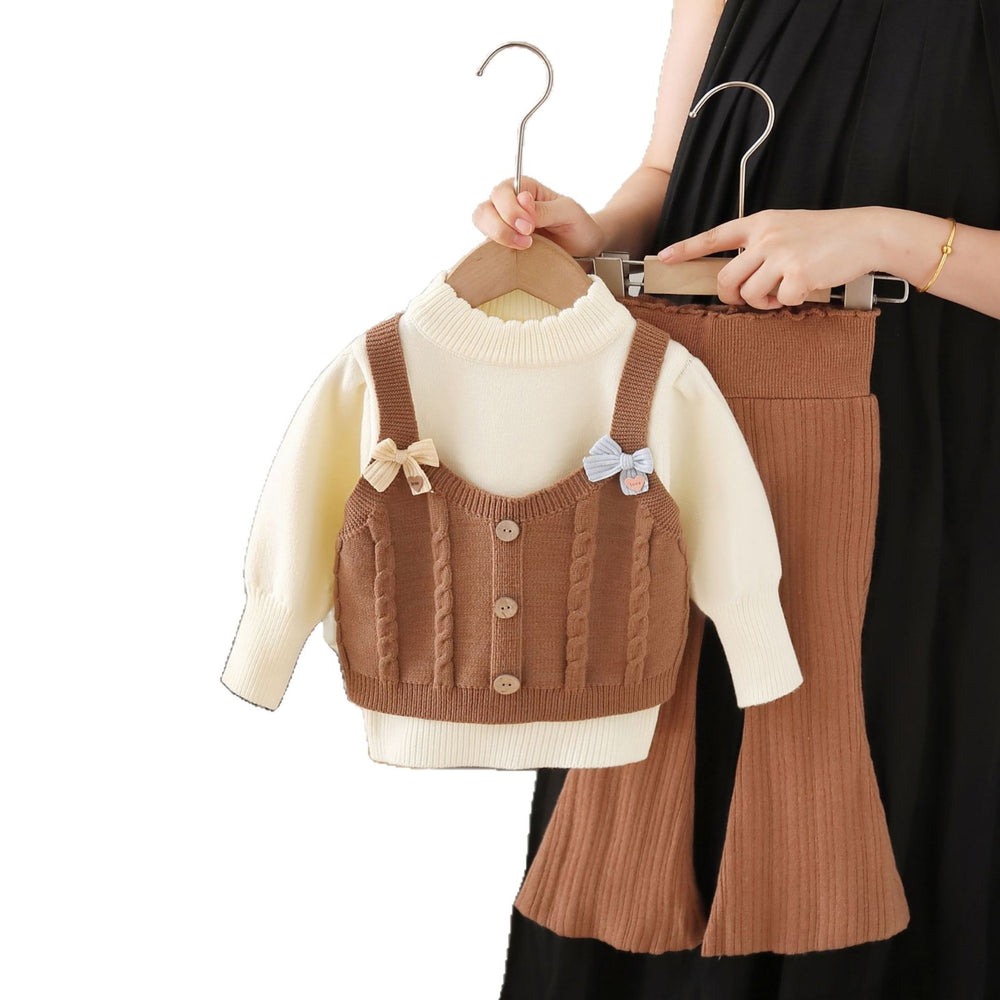 Girls' knit sweater set -  fall/winter collection - pullover top with round neck, faux two-piece knit sweater, and flare pants two-piece set