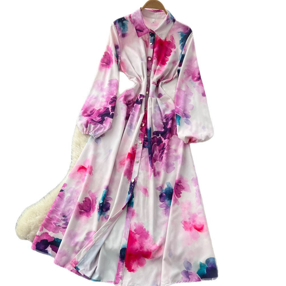 Korean style fashionable printed dress - new women's long sleeve tie-waist slimming a-line versatile elegant maxi dress for work