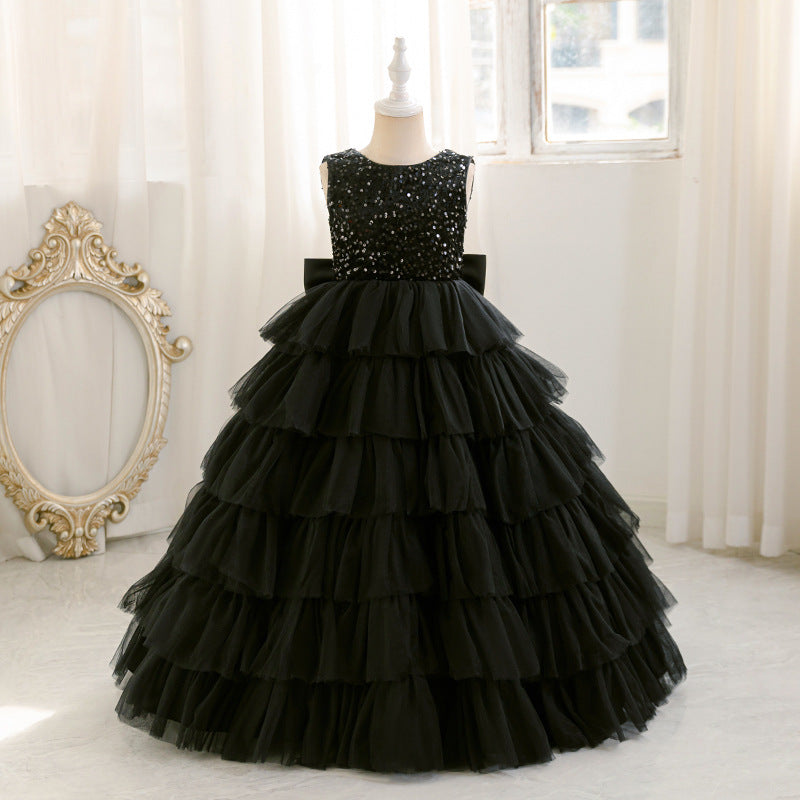 european and american girls' evening dress, long cake skirt, black elegant high-end bow sequin dress, in stock