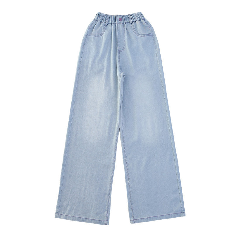 Girls' summer lightweight pants  new style: big girls' ice silk tencel jeans, middle school slim fit wide leg pants