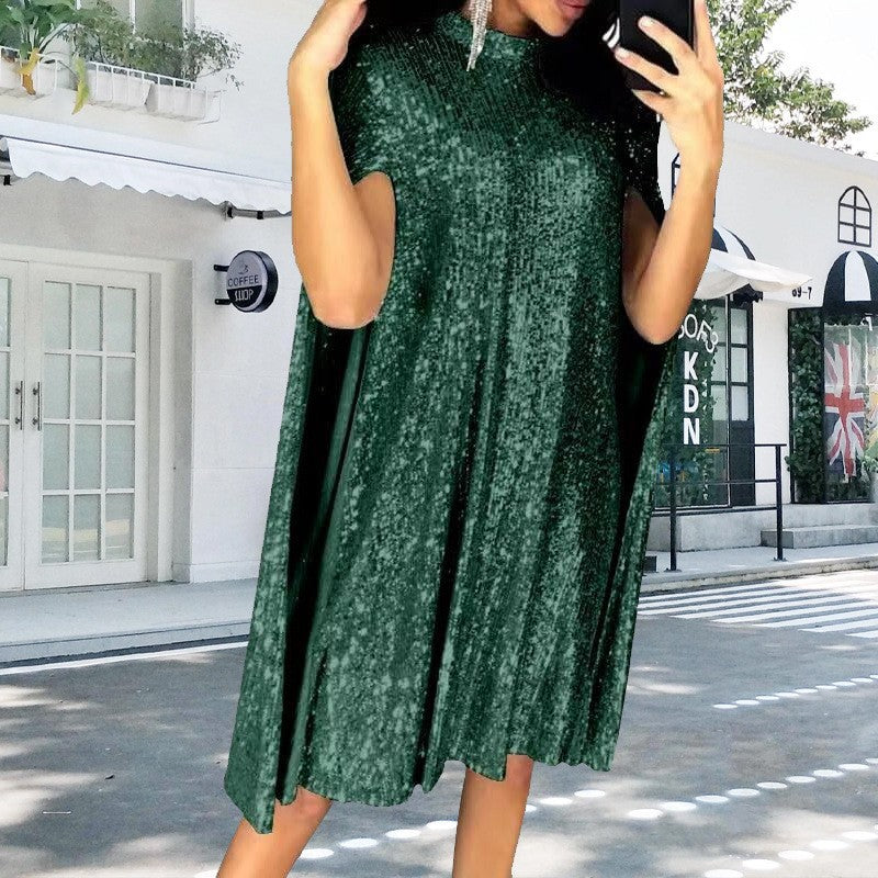 spring new    european and american foreign trade small stand collar sequin dress loose women's clothing