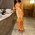 women's summer new arrivals:  cross-border fashion - european & american style, vintage print, bubble sleeve, slit dress