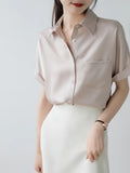 summer new arrival: casual satin short-sleeve blouse - korean style, professional white collar, commute & interview shirt - in stock