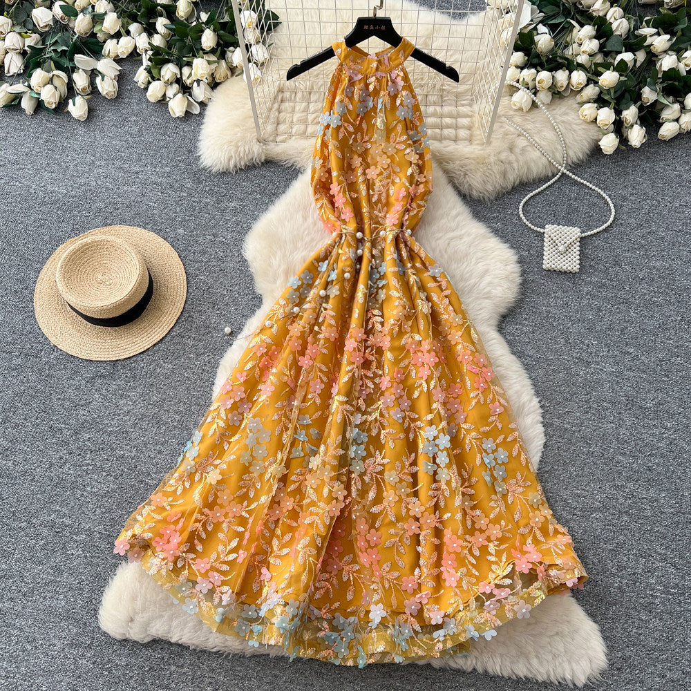 French riviera style halter floral dress - women's summer  high-waisted slimming yellow a-line maxi dress