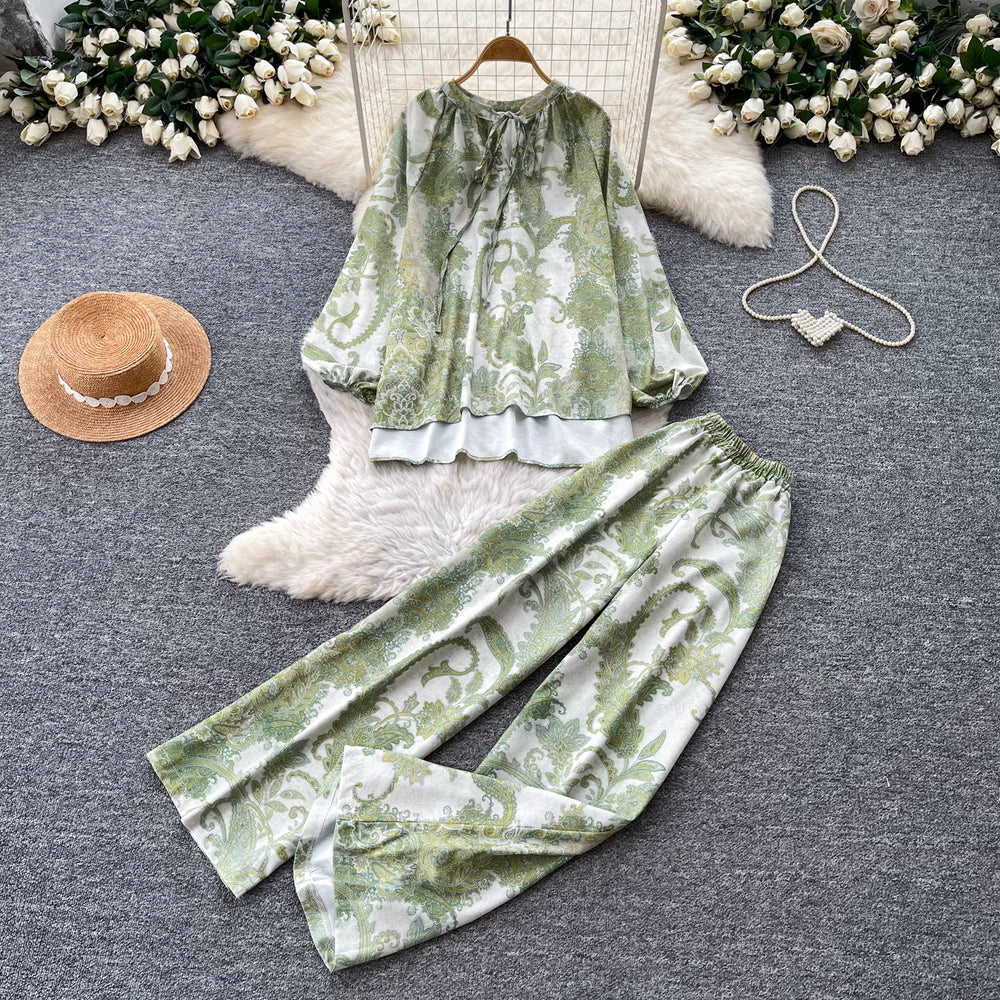 Light mature style printingtwo-piece set women's autumlong sleevestopswide leg pantswork clothingeasiest for matchsuitautumnew arrival