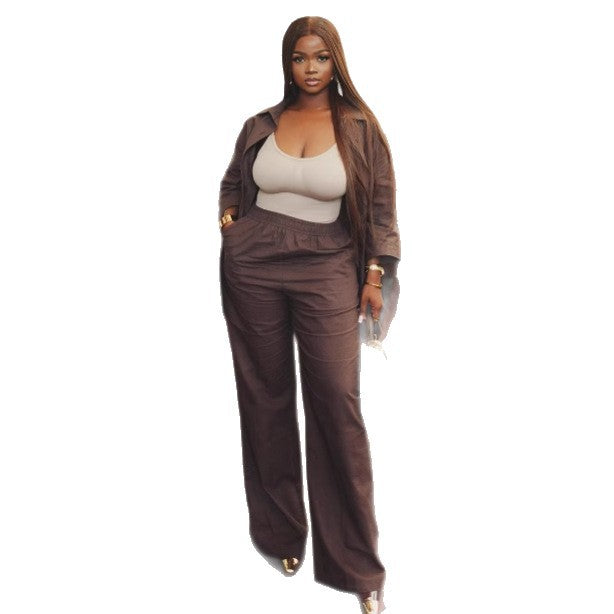 European and American large size casual high waist solid color long-sleeved cardigan shirt trousers African foreign style women's loose two-piece set women