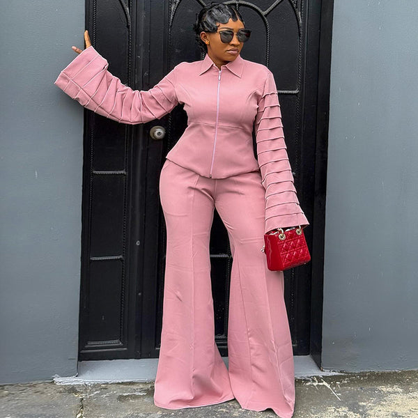 European and American  women's clothing 2025 autumn new fashionable solid color zipper lapel waist top flared pants set