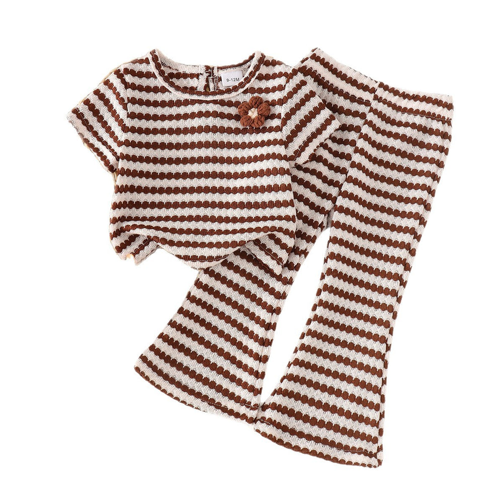 Children's clothing shein cross-border girl suit coffee color short-sleeved t-shirt + pants two-piece set