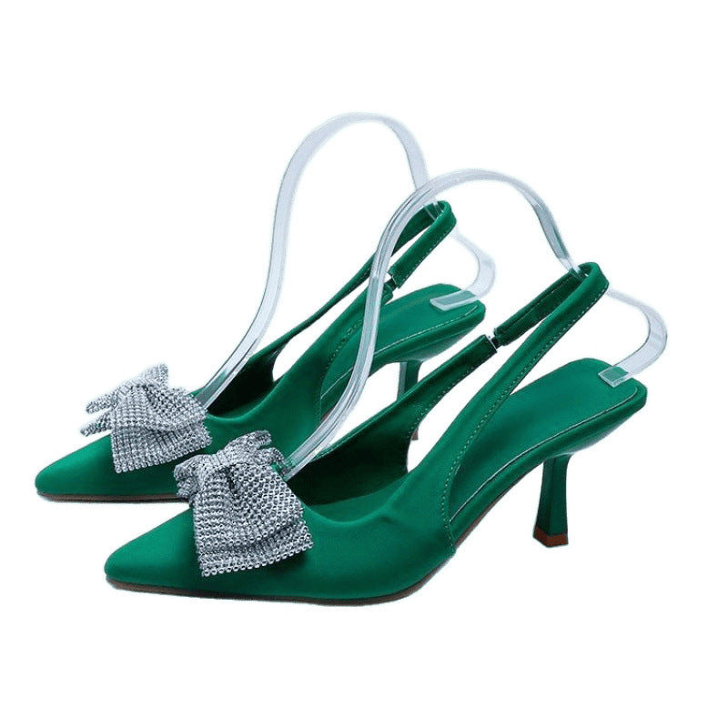 French pointed toe back strap bow rhinestone elastic band high heel sandals women women heels sandals